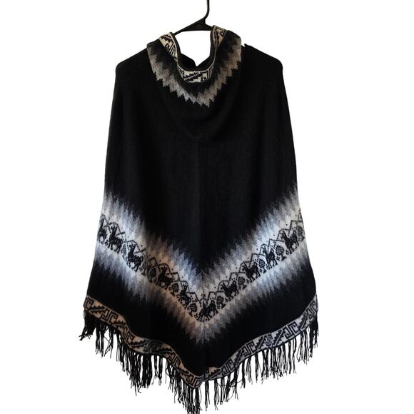 Alpaca Connection Womens Poncho One Size Black White Wool Alpaca Blend - Picture 2 of 4